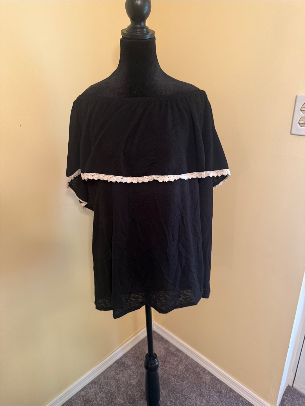 Free Kisses Black Off-Shoulder Top with White Lace Trim